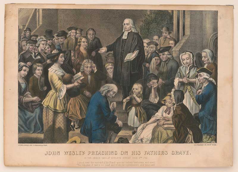 John Wesley Preaching on His Father's Grave (Please replace the lithograph we used with the new lithograph attached below!!!) (Public Domain via Wikipedia Commons. URL: https://commons.wikimedia.org/wiki/File:John_Wesley_preaching_on_his_fathers_grave-_in_the_church_yard_at_Epworth_Sunday_June_6th_1742_LCCN2002707689.tif) John Wesley preaching in the open air